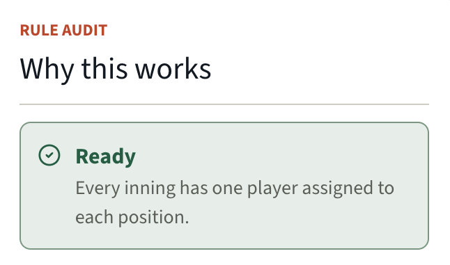 Rule audit, Ready: every inning has one player assigned to each position.