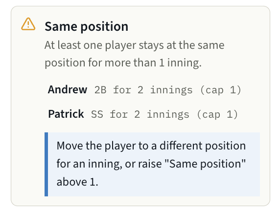 Rule audit review, Same position: Andrew at 2B and Patrick at SS each stay put for two innings against a cap of one.