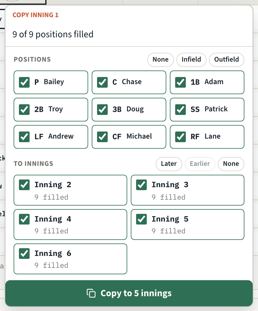 The copy sheet for inning 1: all nine positions ticked, innings 2 through 6 ticked, and a Copy to 5 innings button.