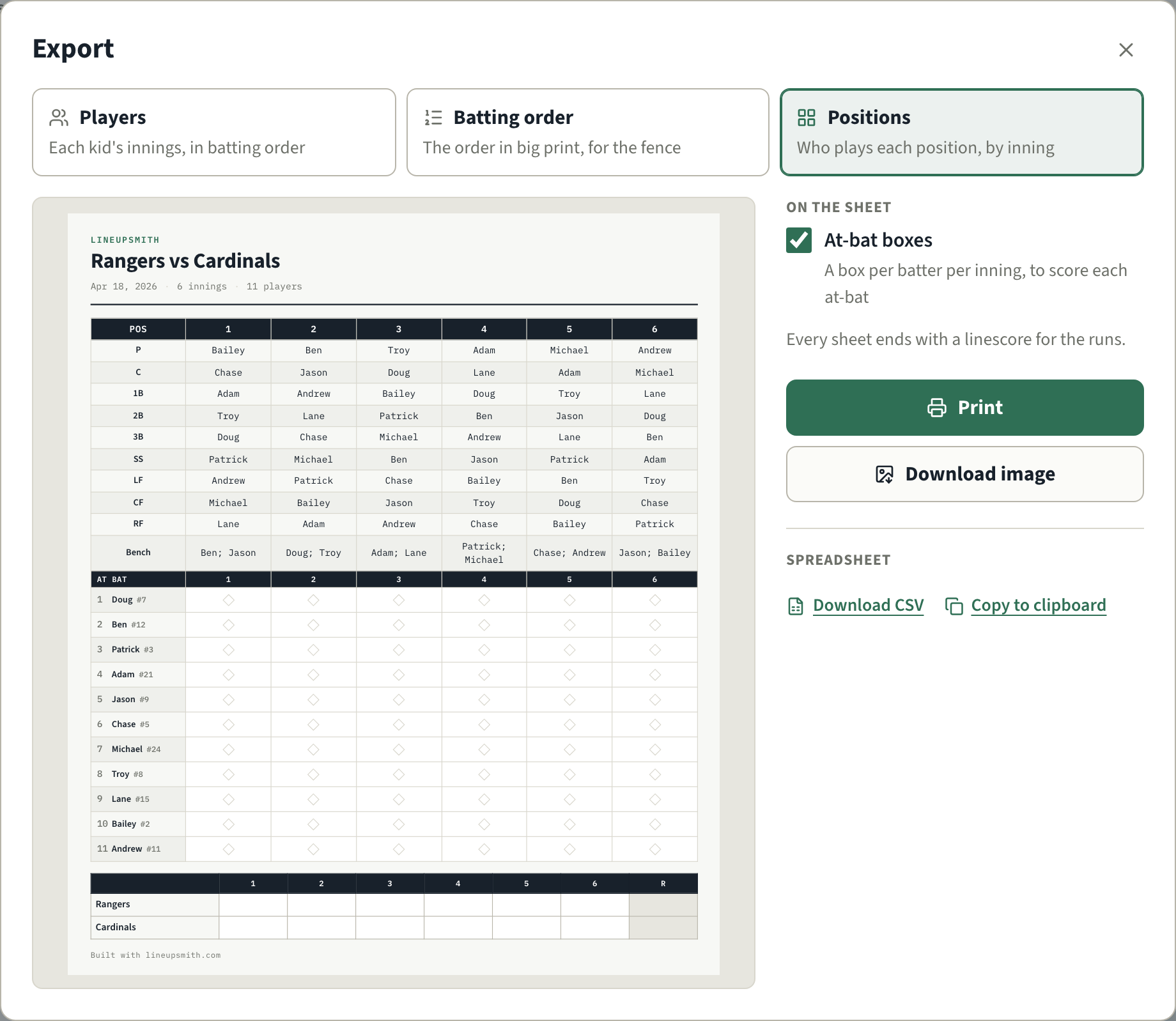 Export panel for Rangers vs Cardinals: choose Players, Batting order, or Positions. The Positions sheet is previewed with At-bat boxes ticked — a box per batter per inning — and a linescore for both teams at the bottom, with Print and Download image beside it.
