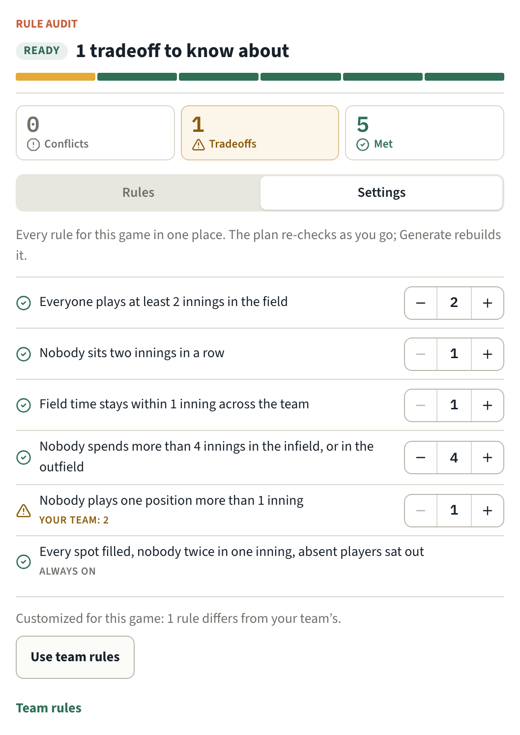 A game's Settings tab: every rule with its stepper, one rule tightened to 1 with 