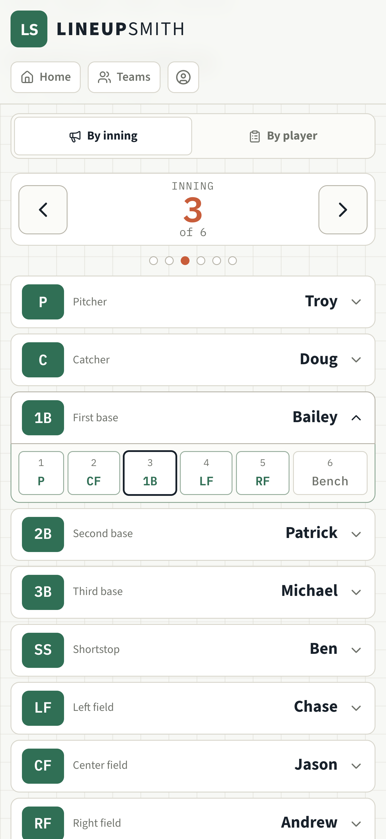 Game Day view on a phone: inning 3 of 6, each position with the player assigned to it.