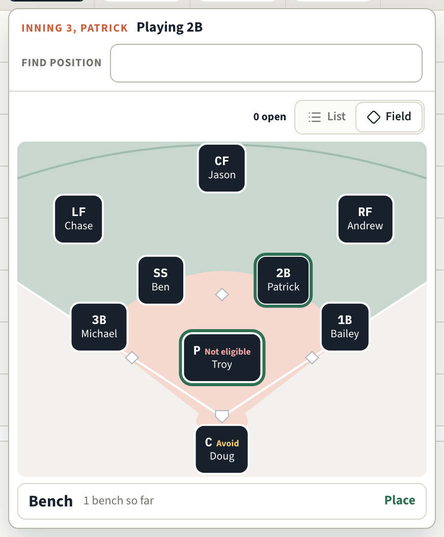 The same picker in Field view: each position drawn where it is played on a diamond, with its fielder's name, P marked Not eligible and C Avoid for Patrick, and the Bench as a bar underneath.