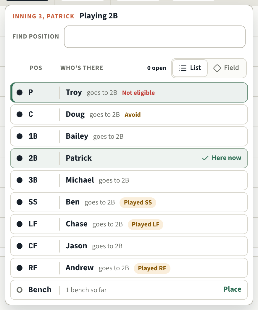 Players grid picker for Patrick in inning 3, as a list: each position with who plays it and where they would go, P tagged Not eligible and C tagged Avoid for Patrick, and the Bench last.