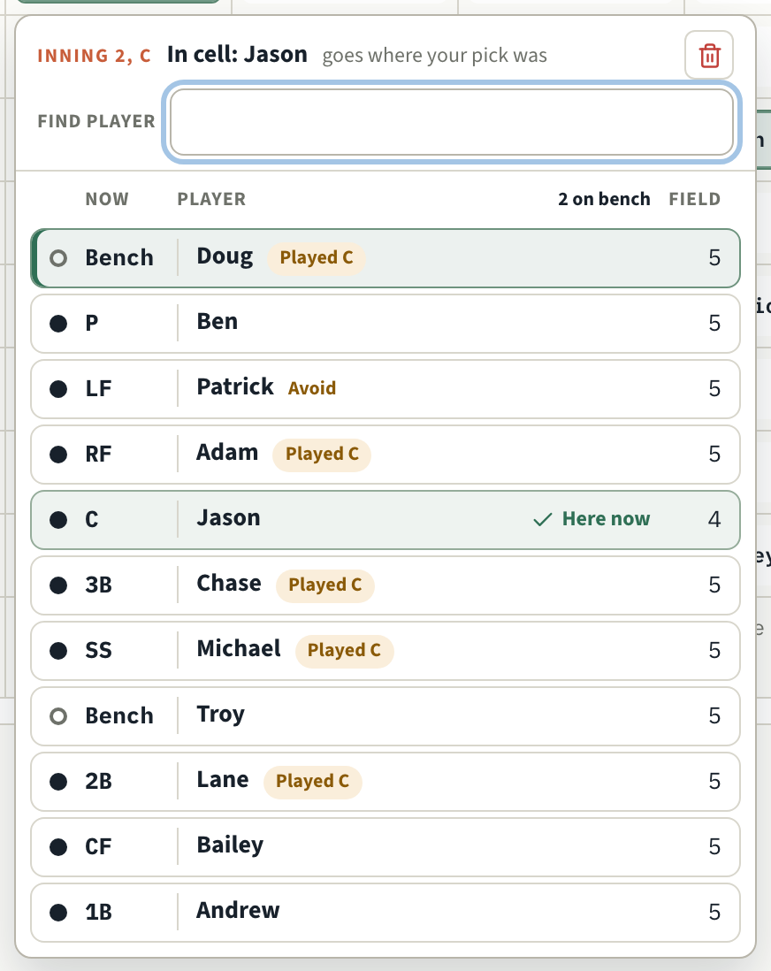Positions grid picker for inning 2 at catcher, with Jason there now: every player in batting order with where they are this inning and their innings in the field, Patrick tagged Avoid, and five others tagged Played C.