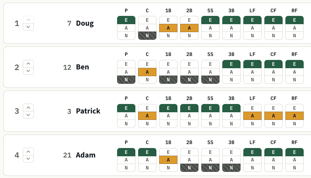 Roster screen: players in batting order, each with a jersey number and a row of position-eligibility chips.