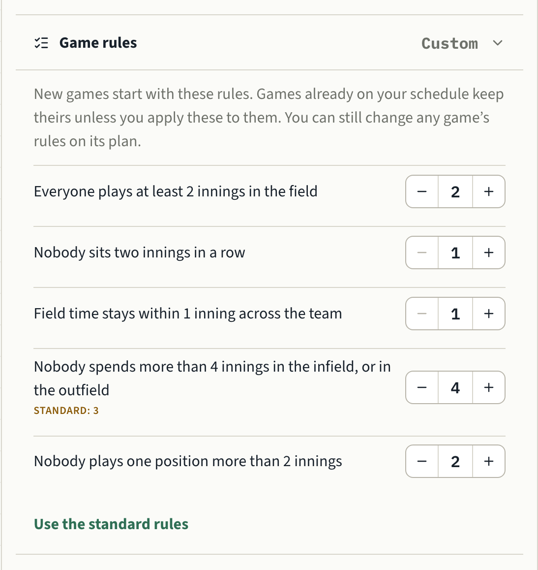 The team's Game rules section, marked Custom: five rules with −/+ steppers, one set to 4 with LineupSmith's standard of 3 shown under it, and a note that new games start with these rules.