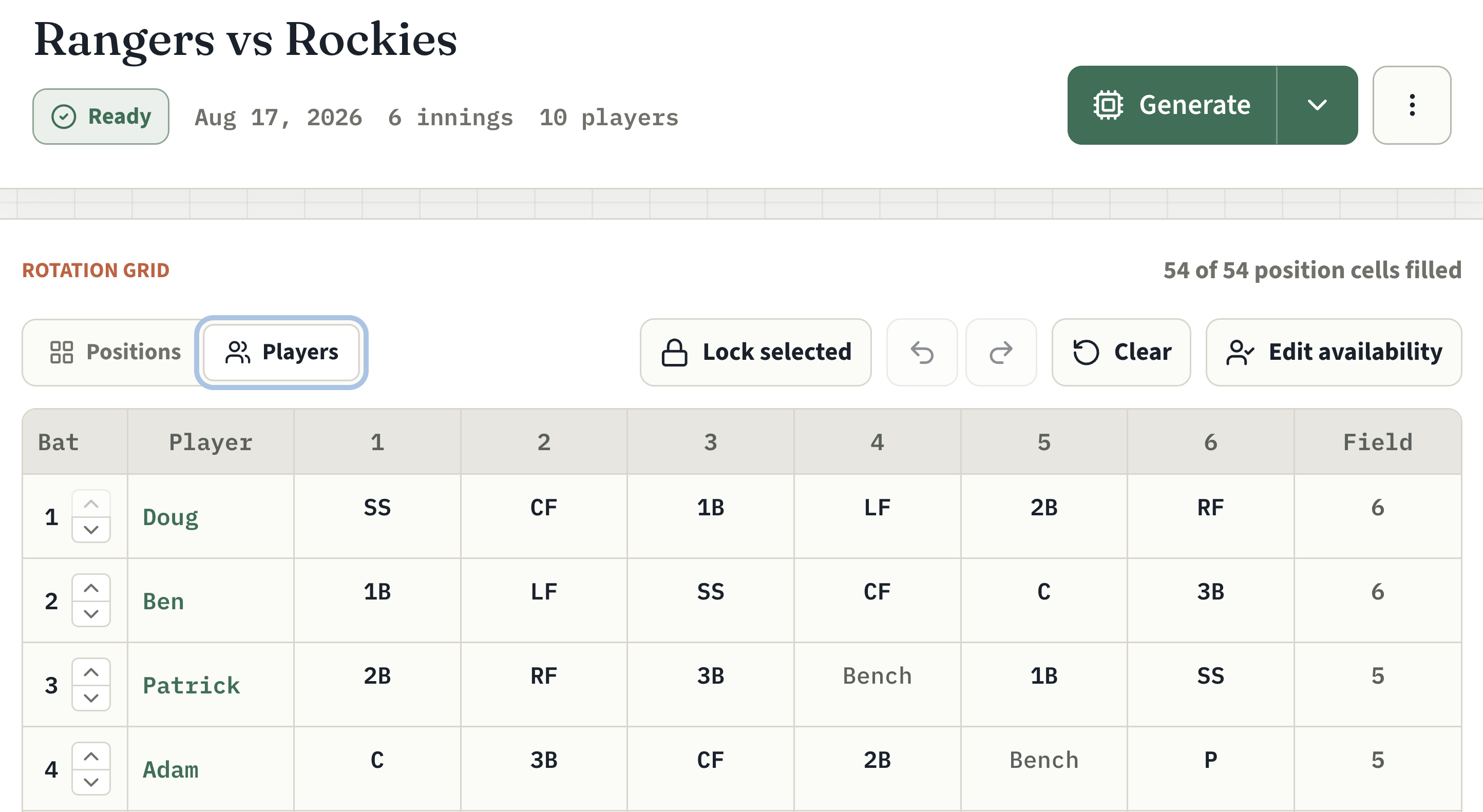 The LineupSmith rotation workbench: a 10-player by 6-inning rotation grid for Rangers vs Rockies, marked Ready, with all 54 position cells filled.